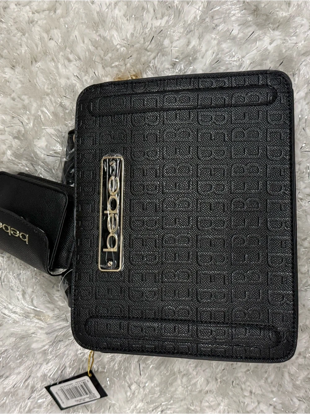 bebe Black Embossed Logo Shoulder Bag with Gold Plaque